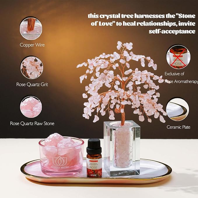 Runyangshi Rose Quartzt Crystal Tree of Life Natural Crystal Ore Diffuser Set - Image 3