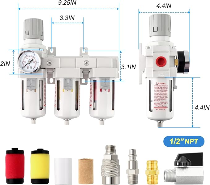 Industrial 1/2" NPT 3 Stage Air Drying System, Coalescing Filter, Particulate - Image 2