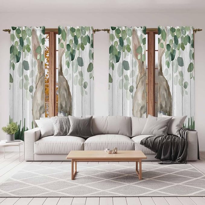 Easter Kitchen Curtains, Country Rabbit Botanical Leaves Wooden Grain Light - Image 7