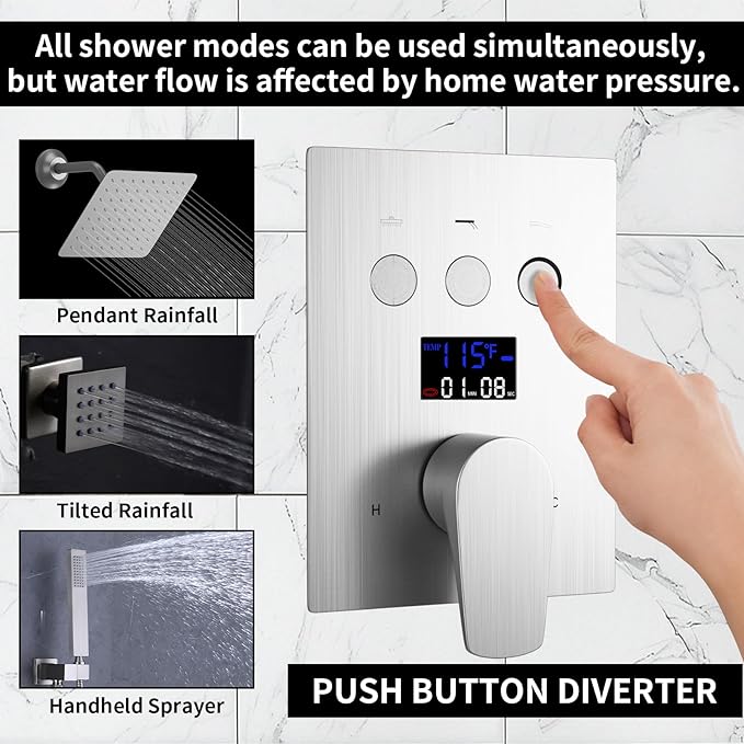 Bathroom Rainfall Shower System Wall Mount 8 Inch Shower Head With Handled Spray 6 Pcs jets Temperature Display Shower Faucet Set (Brushed Nickel)