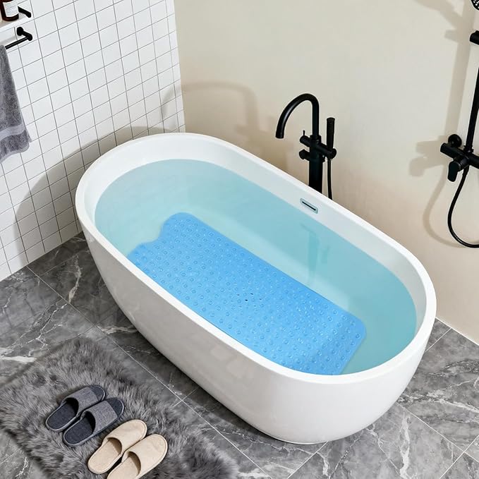Anti-Slip Bathtub Shower mat, 39.3×15.7 inch（Approximately 100 × 40cm） Soft Oversized Machine Washable Non-Slip Bathtub mat with Drainage Holes, Bathroom Floor Suction Cup.（1-Clear Blue）