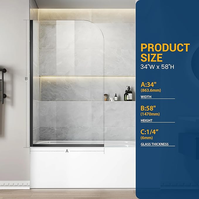 Bathtub Shower Glass Panel, 34" W X 58" H Tub Shower Door Fixed Glass Doors in Matte Black with 1/4"(6mm) Clear Tempered Door, Simple Shower Door Panel Easy to Install for Bathroom