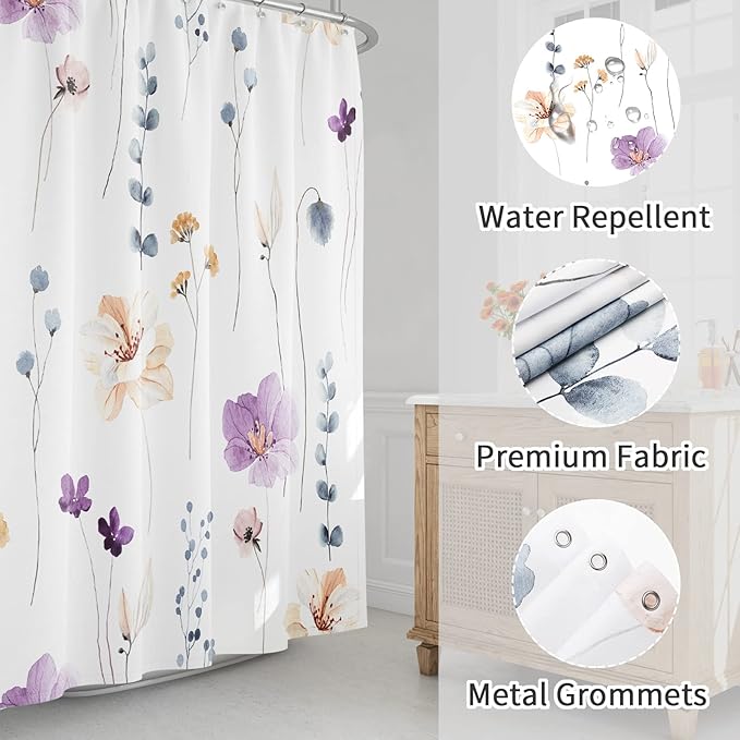 Gibelle Extra Long Shower Curtain 72 x 84, Watercolor Floral Fabric Shower Curtain, Purple Beige Flower Decorative Bathroom Shower Curtain Set