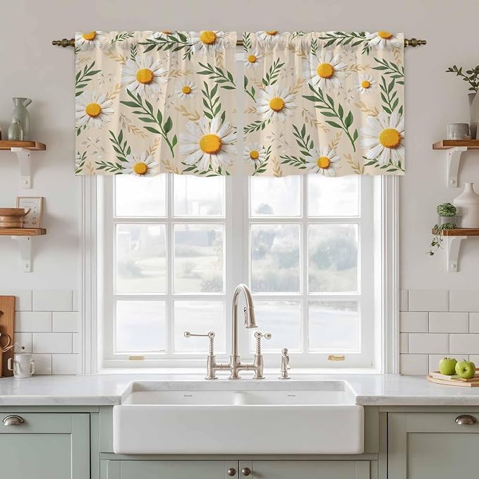 Spring Daisy Tier Curtains, Country Watercolor Flower Leaf Plant Light - Image 2