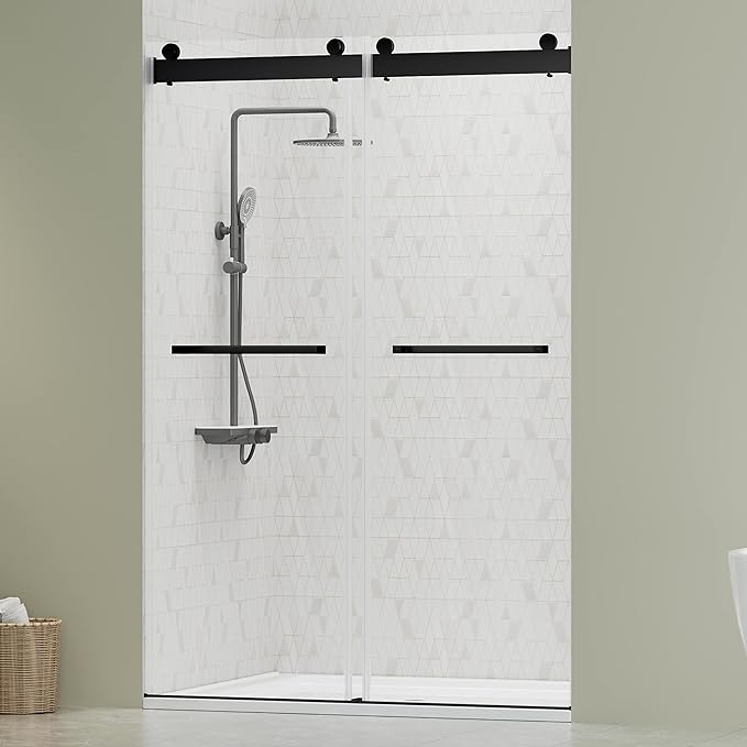 DELAVIN 44"-48"W x 75"H Frameless Shower Door, Double Sliding Shower Door, 5/16"(8mm) Clear Tempered Glass, Noiseless Shatterproof Shower Doors with Square Rail, Stainless Steel, Aluminum, Matte Black