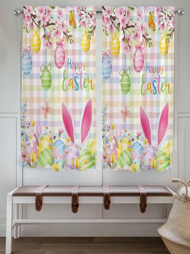 Happy Easter Bedroom Curtains 63 Inches length, Spring Bunny Colorful Eggs - Image 4