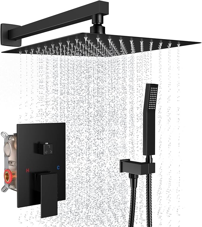 Shower System Wall Mounted 10 inch Shower Overhead for Bathroom,Rain Shower Combo Set with Handheld Spray,Luxury Rainfall Shower Head Rough-in Valve and Trim Included(Matte Black)
