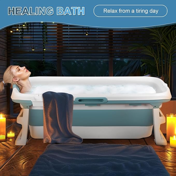 Portable Folding Bathtub for Adults, 51" Foldable Soaking Tub with Thermal Cover & Massage Roller, Large Collapsible Bathtub Freestanding, Ice Bath Tubs for Cold Plunge Spa Home Camping Trave