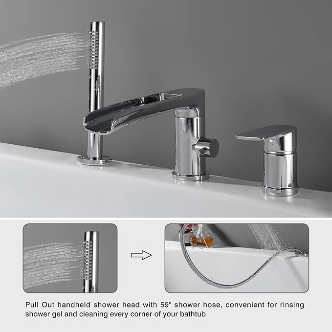 TapLong Waterfall Roman Tub Faucet with Hand Shower, Widespread Deck Mount Bathtub Faucet with Sprayer, Single-Handle 3-Holes Bathtub Shower Faucet Set in Chrome, 03119CH