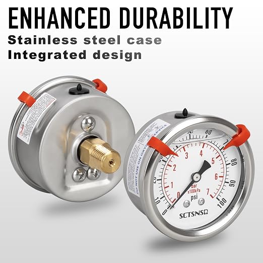 0 to 100 Psi Pressure Gauge, Glycerin Liquid Filled, 2.5 inch Dial, 1/4" NPT - Image 3