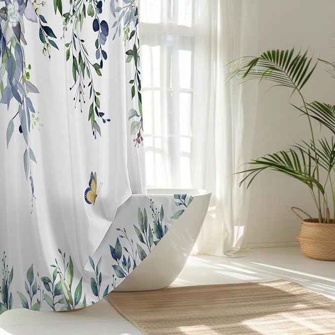 No Hook Shower Curtain and Liner Set, Green Eucalyptus Floral Shower Curtains for Bathroom, Bath Curtain Sets with Snap in Liner, Waterproof with See Through Top Window, 71x77 Inches