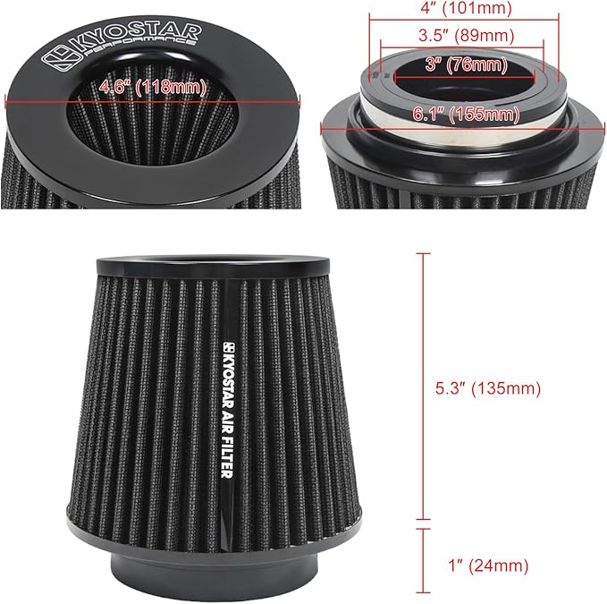 KYOSTAR Universal 3/3.5/4" High-Flow Air Filter, Reusable Cone Cold Air Intake - Image 2