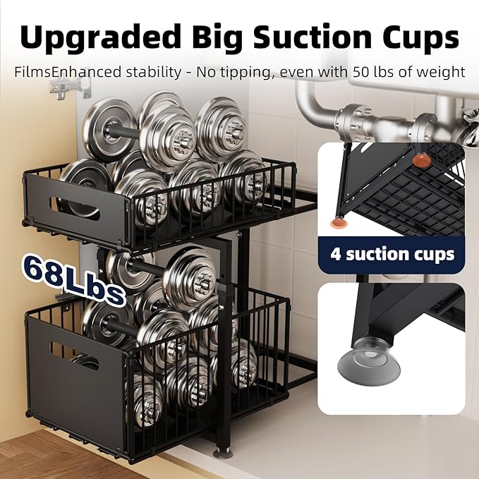 MIKEE Under Sink Organizer, 2 Tier Under Sink Organizers and Storage,Bathroom Cabinet Organizer with Adjustable Height, Pull Out Sink Shelf Cabinet Storage Shelves for Kitchen& Bathroom, Black