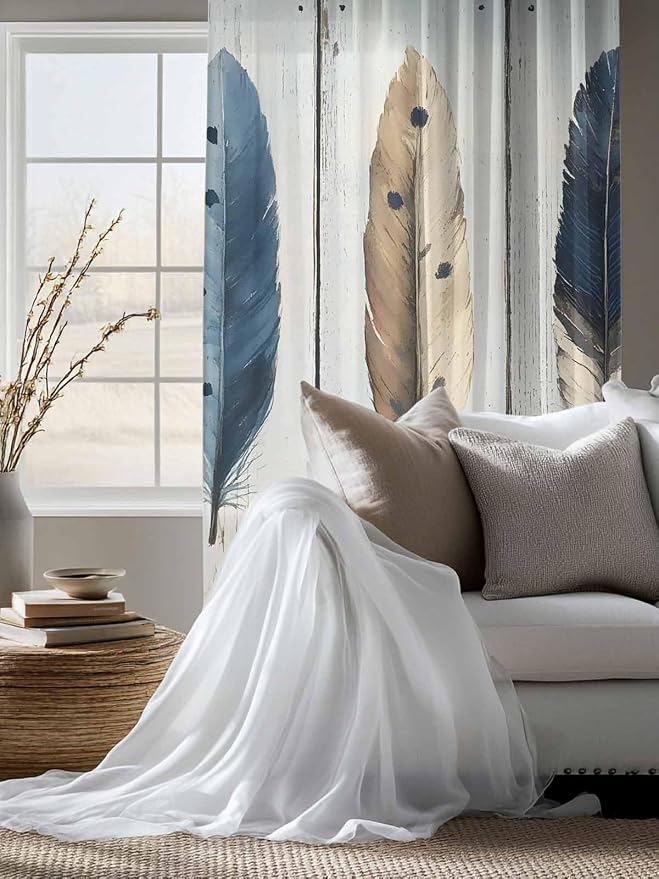 Sheer Curtains 63 Inch Length, Farmhouse Feather Semi Sheer Curtains Light - Image 4