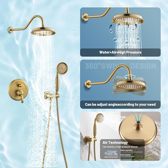 Antique Shower Head Faucet Set,Brushed-Gold Vintage Wall Mount Shower Faucets Combo With Handheld Spray,Bathroom Rainfall Shower System Trim Kit With Brass Pressure Balance Valve & 9''Shower Head