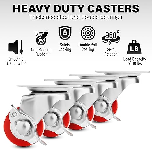 1 Inch Caster Wheels Heavy Duty Casters Set of 4 Lockable Cart Wheels - Image 3