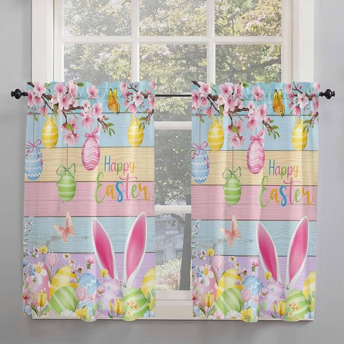 Colorful Easter Kitchen Curtains 45 Inches length, Spring Watercolor Bunny Egg - Image 2