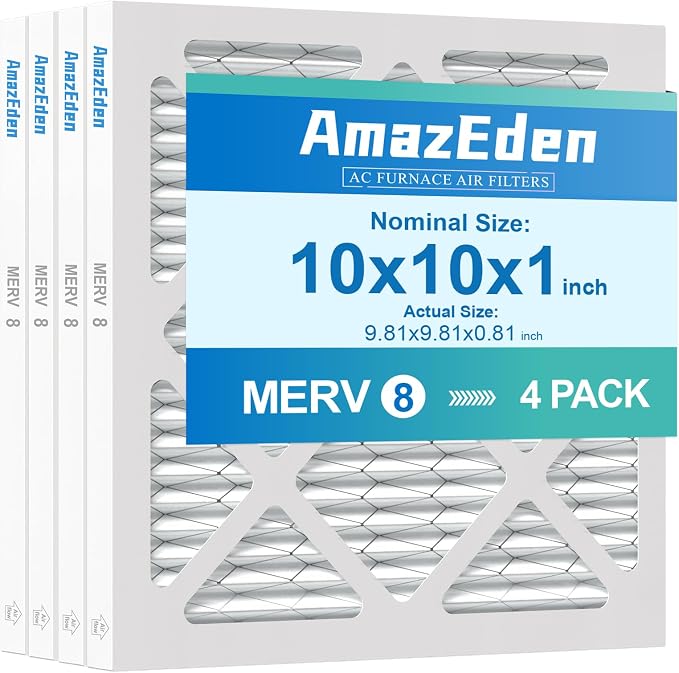 10x10x1 Air Filter 4 Pack MERV 8 Furnace HVAC AC Pleated Filters Dust Defense by AmazEden