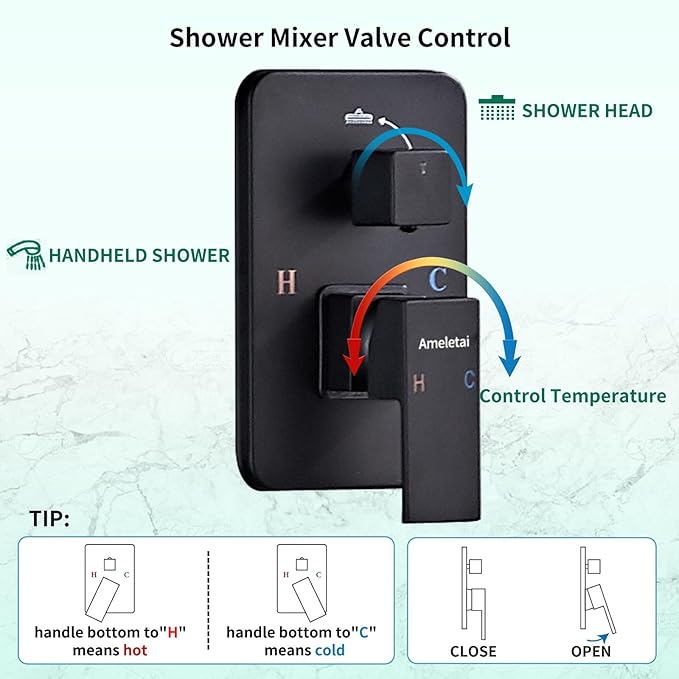 Shower Faucet Set with Brass Durable Trim, 10 Inch Square Rainfall Shower Head, High Pressure Handheld Shower, Easy-Clean Silicone Nozzles, Wall Mounted Black Shower System