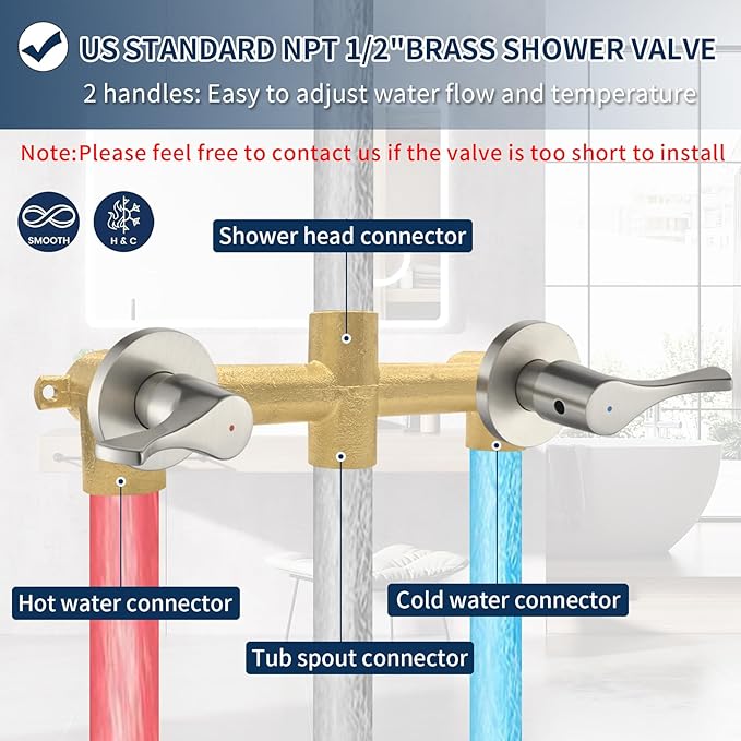 2 Handle Shower Faucet Set with Tub Spout Bathtub Shower Faucet Combo Set Shower System Complete Tub and Shower Trim Kit Brushed Nickel Wall Mounted Two Handles Shower Fixtures