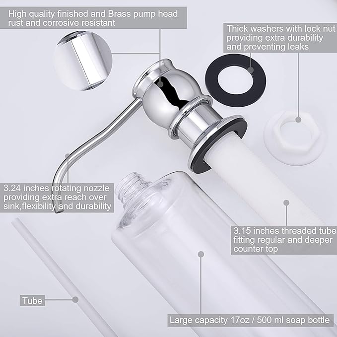 Samodra Kitchen Sink Soap/Lotion Dispenser, Brass Pump Head Chrome Finish 12 OZ Bottle Built in Design Refill from The Top for Granite Thick Deck Installs