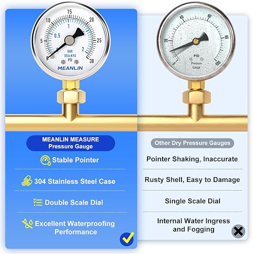 MEANLIN MEASURE 0~30Psi Dry Low Pressure Gauge Stainless Steel 1/8" NPT 2" FACE - Image 5