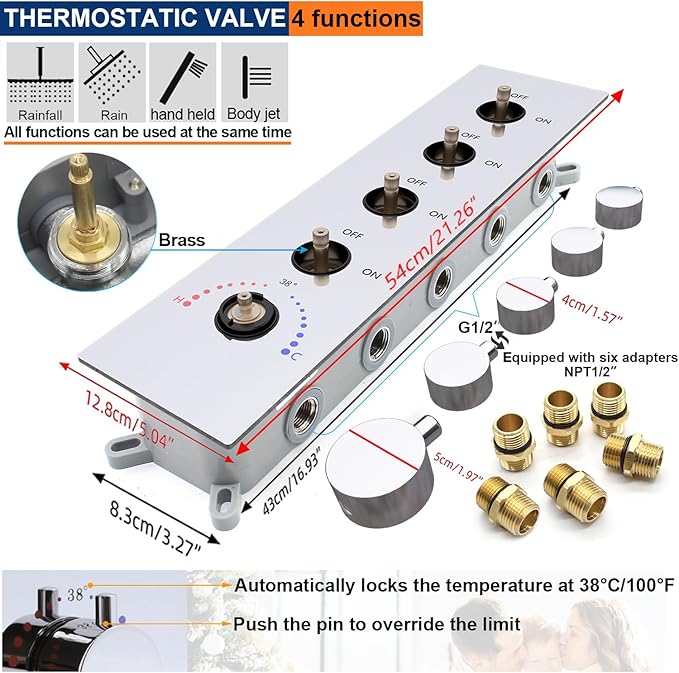 Thermostatic Shower System Dual Shower Heads with 16" Ceiling Mounted Rain Shower Head & 6" Wall Mounted Head 4 Function Full Body Shower System with body jets Can All Run Together, Chrome