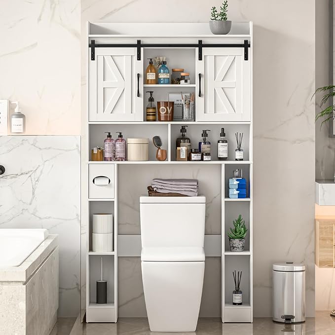 Farmhouse Storage Cabinet Over Toilet with Sliding Doors，Over The Toilet Storage Cabinet, Home Space-Saving Toilet Rack, for Bathroom, Restroom, Laundry.