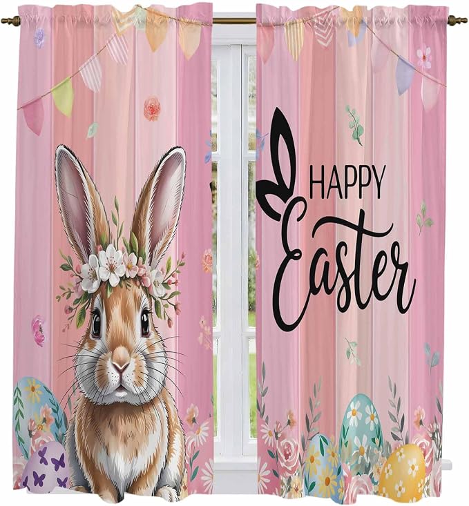 Easter Kitchen Curtains, Spring Rabbit Eggs Flowers Flags Leaves Wood Grain by Unknown