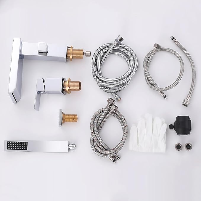 Waterfall Roman Tub Faucet with Hand Shower, Deck Mount Tub Filler Bathtub Faucet with Sprayer, Brass Widespread 3 Hole Bathtub Shower Faucet Set, Chrome