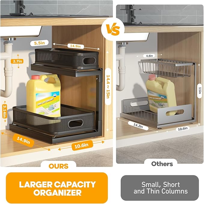 1-Pack Under Sink Storage Organizer with 2-Tier Slide Out Drawer, Sophisticated Mesh Pull Out Shelf for Kitchen & Bathroom, Fits Small Items, Upgraded Arched Track for Smooth Gliding-Black
