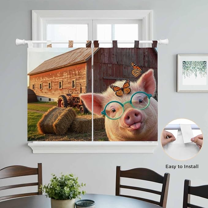 Farm Pig Kitchen Curtains 45 Inch Length, Short Cafe Window Curtains Tab Top - Image 4