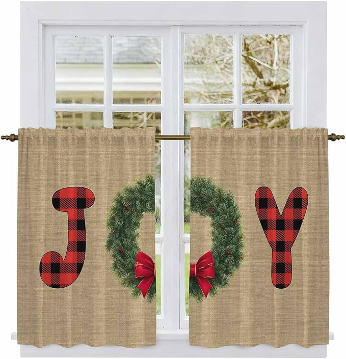 Red Green Christmas Kitchen Curtains 45 Inch Long 2 Panel Set, Rod Pocket - Image 2