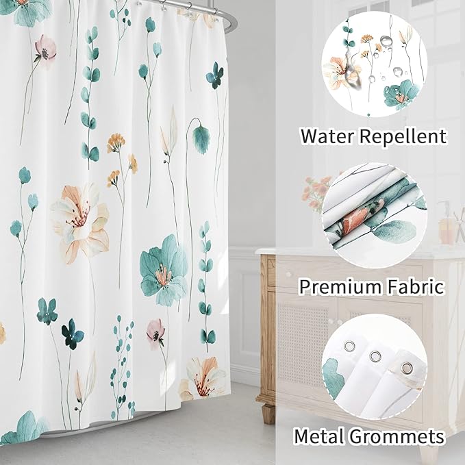 Gibelle Long Shower Curtain 72 x 78, Watercolor Floral Fabric Shower Curtain, Teal Beige Flower Decorative Bathroom Shower Curtain Set