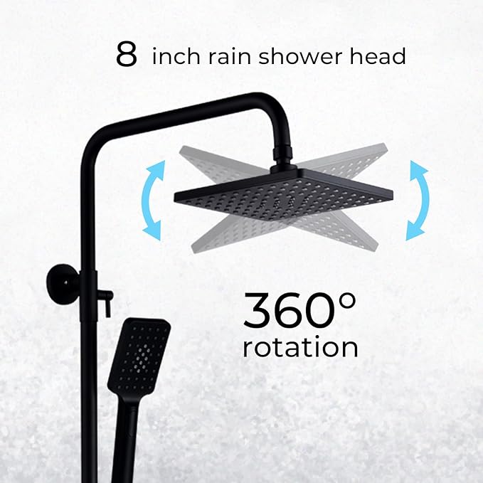Outdoor Shower Faucet Set 8" Square Shower Head 3 Function Thermostatic Rainfall Shower Fixtures, Handheld Sprayer Tub Spout with Constant Temperature with Height Adjustable Slide Bar