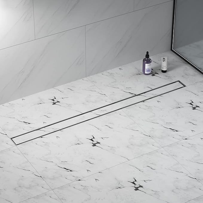 Linear Shower Drain 48", Brushed Floor Drain with Tiled Insert Grate & Hair Strainer, 304 Stainless Steel Bathroom 2-in-1 Tiled in Drain, CUPC Certified (Brushed, 48'')