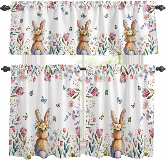 Kitchen Curtains Tiers and Valance Set of 3, Easter Light Filtering Window by Anzona