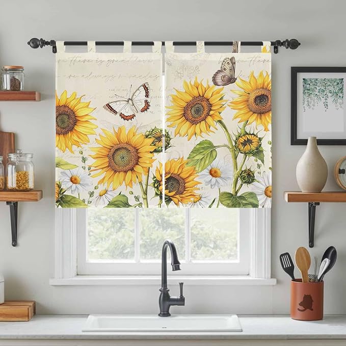 Farm Sunflowers Kitchen Curtains 45 Inch Length, Short Cafe Window Curtains Tab - Image 3