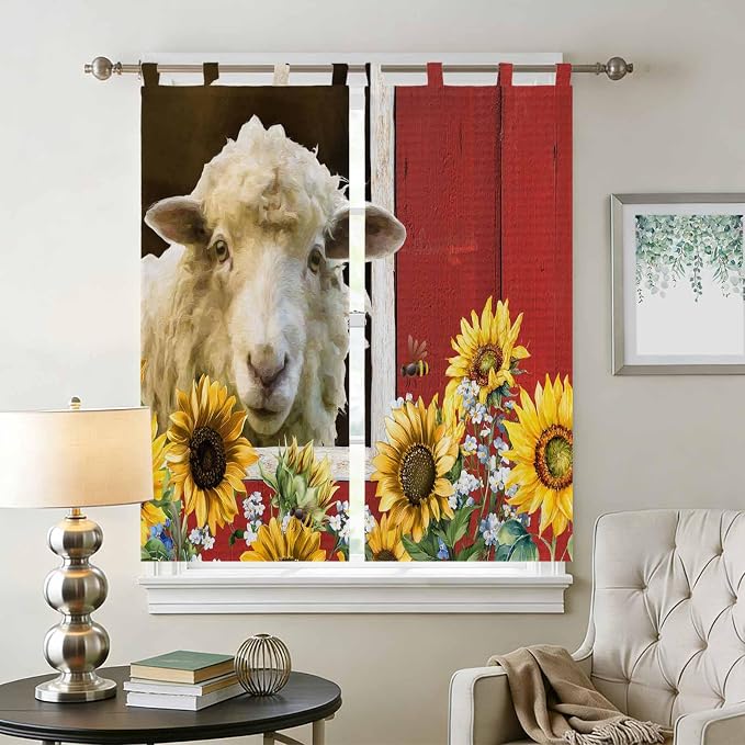 Sheep Flowers Bathroom Curtains 63 Inch Length, Window Curtains Tab Top - Image 2