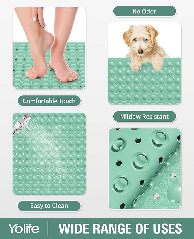 Yolife Extra Large TPE Shower Mat, 47.2" L x 31.5" W Anti Slip Bath Mat with Drain Holes and Suction Cups, Large Size Mat More Suitable for Shower Stall, No Odor, Heavy Mat (Green, 47.2" x 31.5")