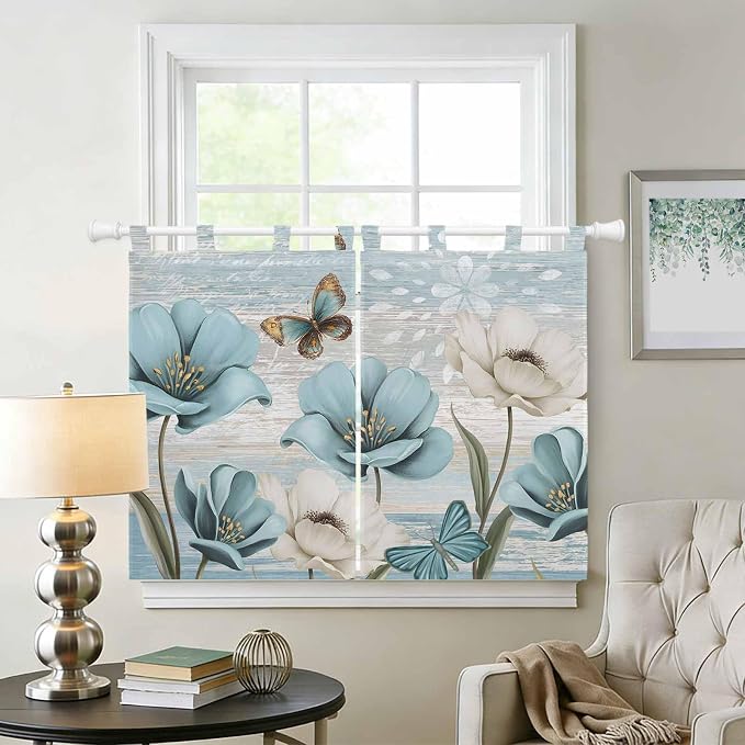 Spring Floral Kitchen Curtains 45 Inch Length, Short Cafe Window Curtains Tab - Image 2