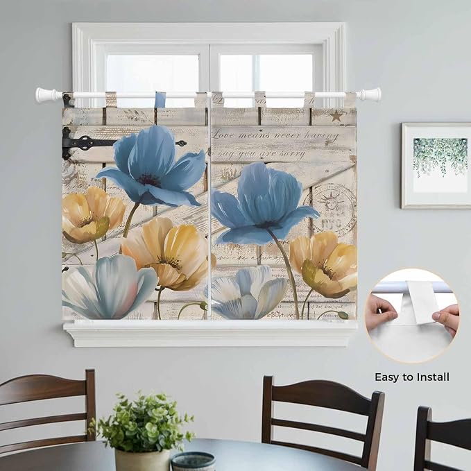 Blue Yellow Tulips Kitchen Curtains 45 Inch Length, Short Cafe Window Curtains - Image 4