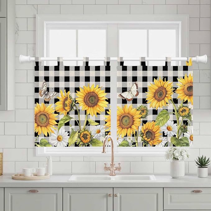 Sunflowers Kitchen Curtains 36 Inch Length, Small Window Curtains Tab Top - Image 3