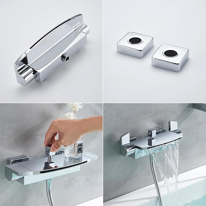 Wall Mount Tub Faucets Chrome Waterfall Tub Faucet with Sprayer, Wall Mount Tub Filler, Brass Bathtub Wall Faucet with Hand Shower, 2 Handles - JIAENLEMA