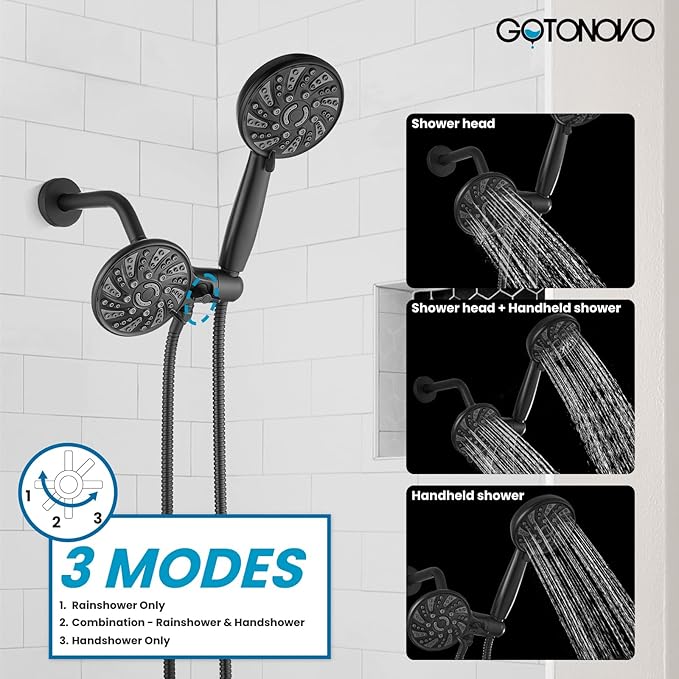 gotonovo Dual 2 in 1 Shower Head Kit High Pressure Combo System Shower Faucet 6 Modes ABS Handheld Spray Shower Trim Kit with Valve Shower Head and Handle Set Matte Black