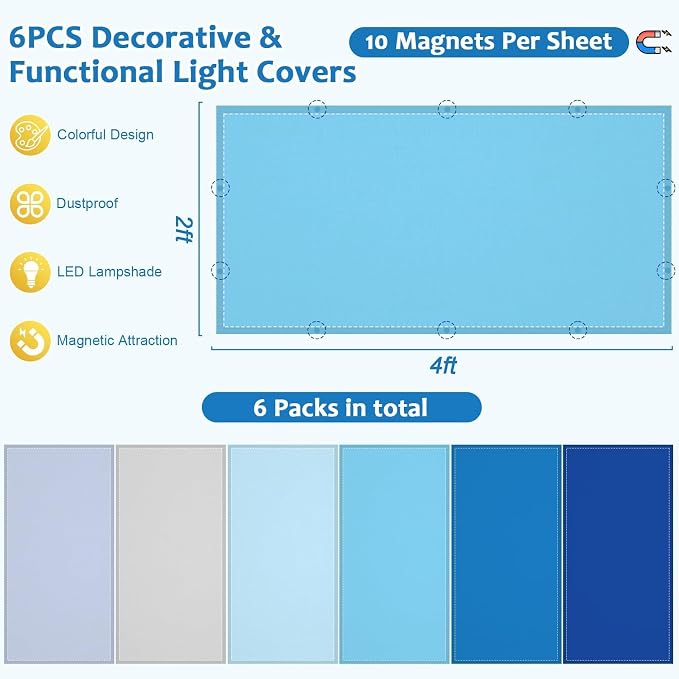 QOUBAI 6PCS Fluorescent Light Covers, 4x2 Feet Magnetic Light Cover Fluorescent - Image 2