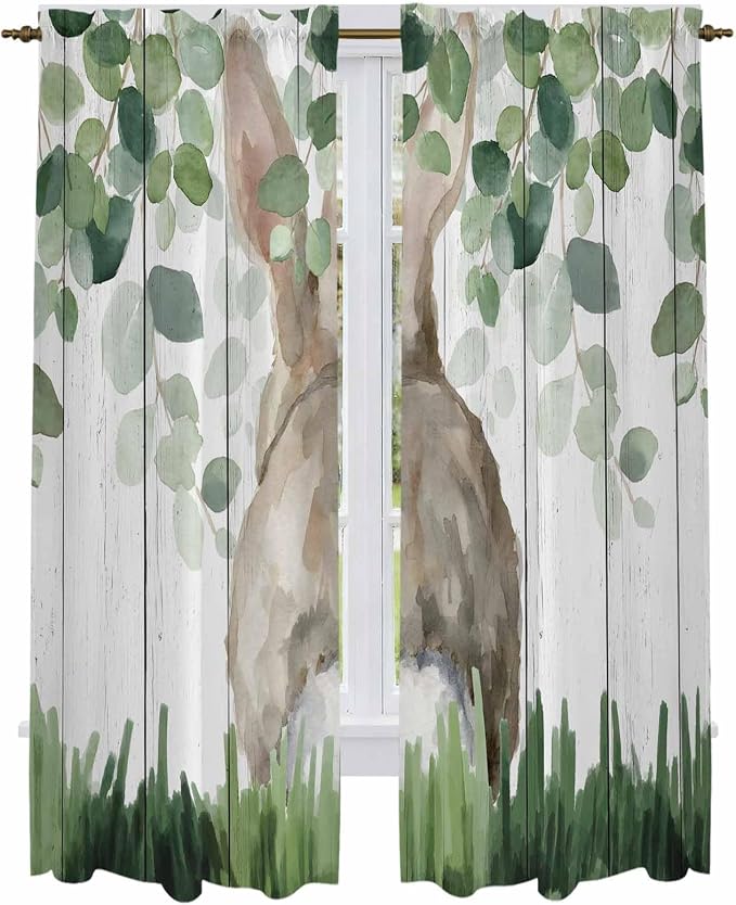 Easter Kitchen Curtains, Country Rabbit Botanical Leaves Wooden Grain Light by Unknown