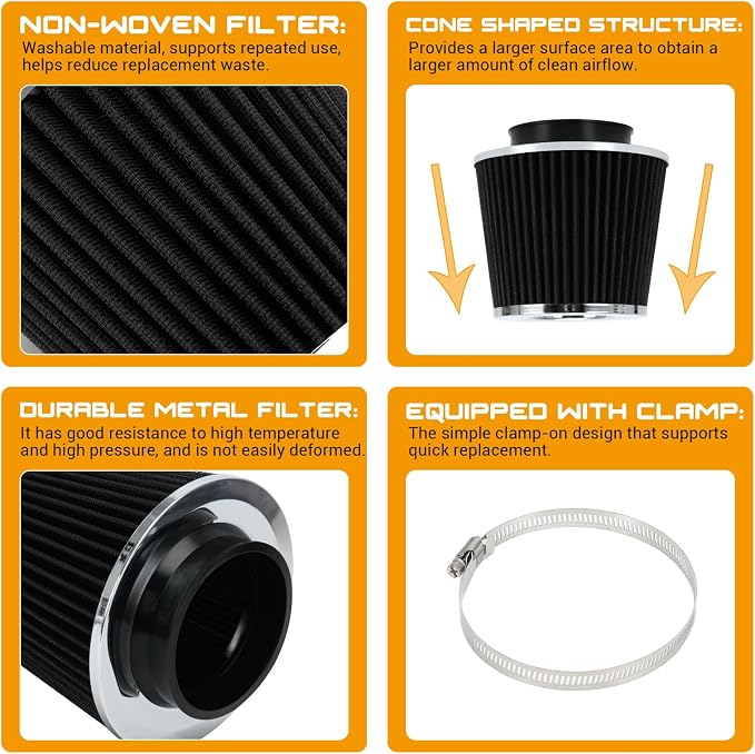 PTNHZ Universal Black 3.5" 89mm High Flow Cold Air Intake Cone Air Filter Power - Image 3