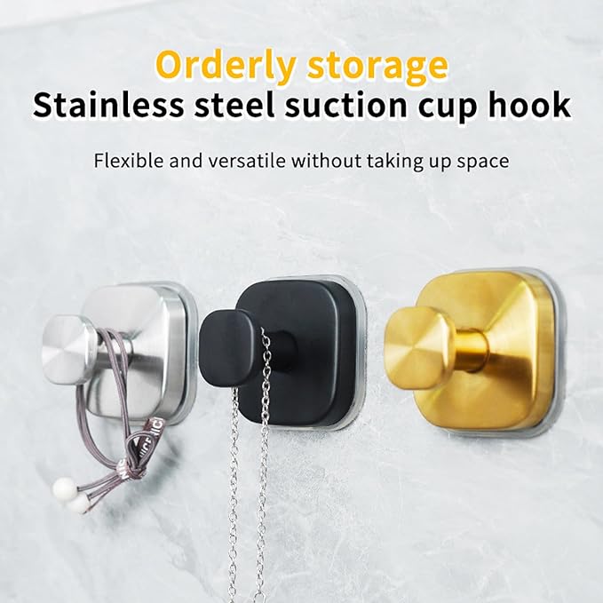 4Pcs Square Suction Cup Hook, 304 Stainless Steel Shower Hook, Removable Suction Cup Knob for Shower, Bathroom, Kitchen, Glass Door, Mirror (Black)