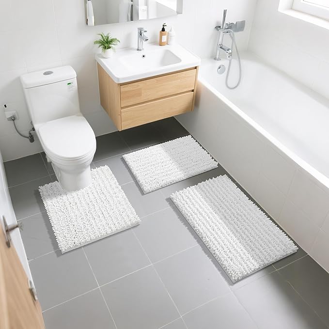Yimobra Bathroom Rugs Sets 2 Piece - Quick Dry Extra Thick Luxury Chenille Bath Mat, Non Slip Super Absorbent for Tub Shower Sink, Machine Washable Shaggy Floor Mat, 32"x20"+24"x20" Inch, White